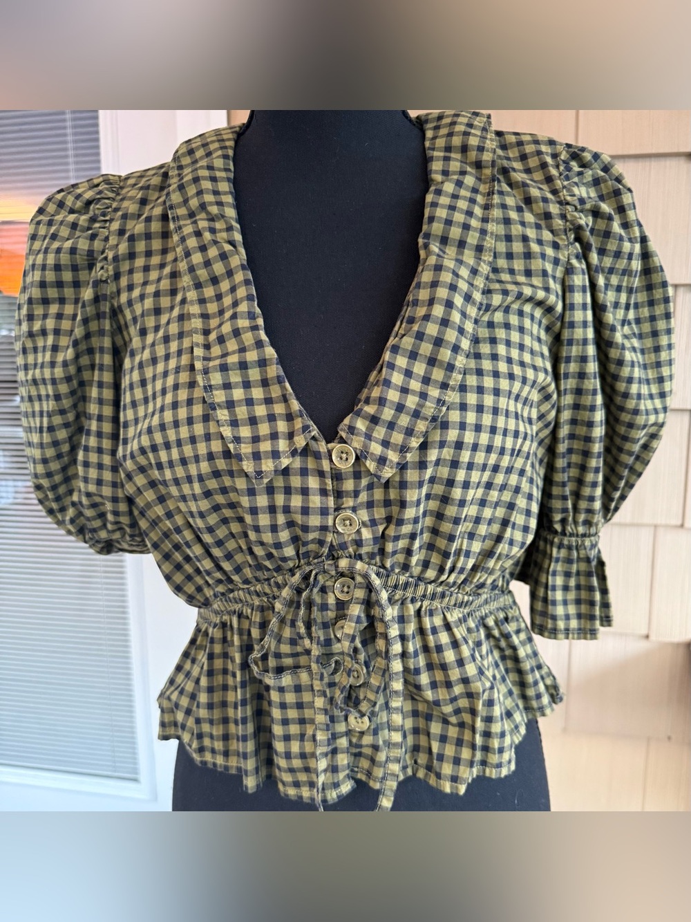 Nation LTD Olive Gingham Puff Sleeve Peplum Top Small